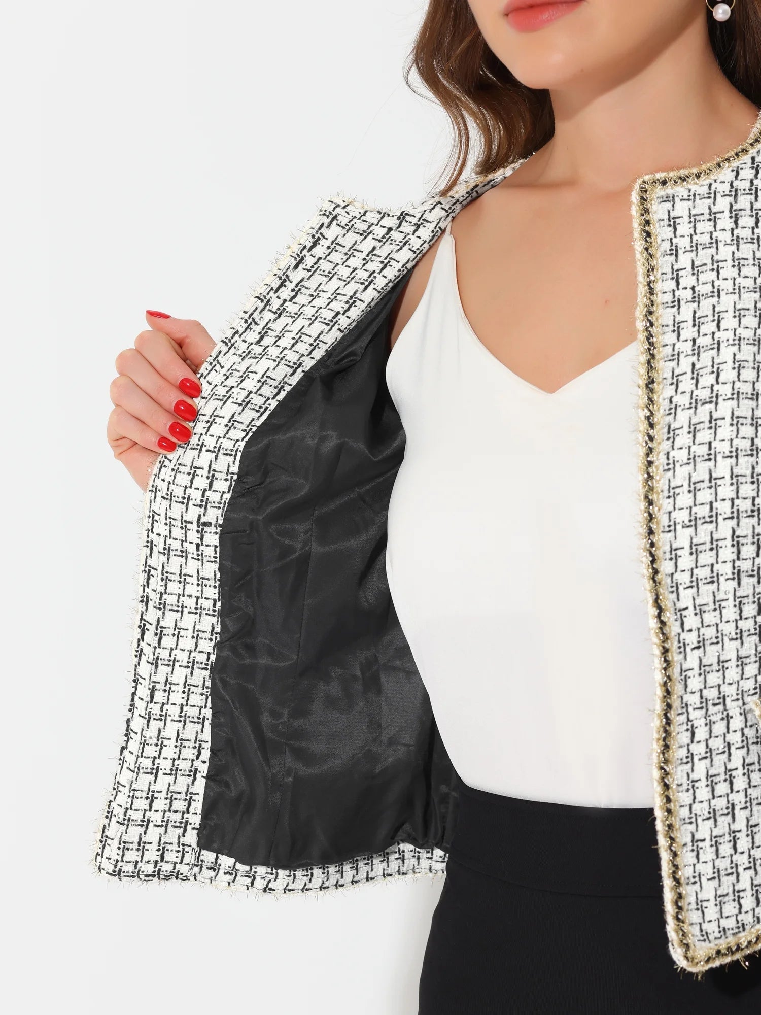 Women'S Plaid Tweed Open Front Office Short Blazer