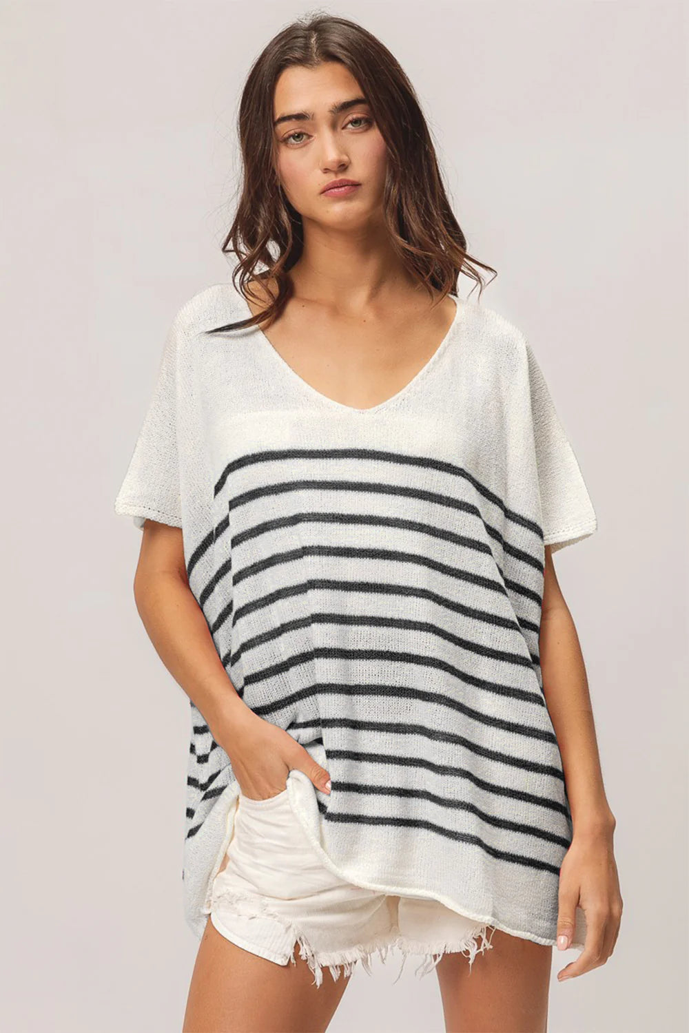 Bibi V Neck Striped Short Sleeve Top