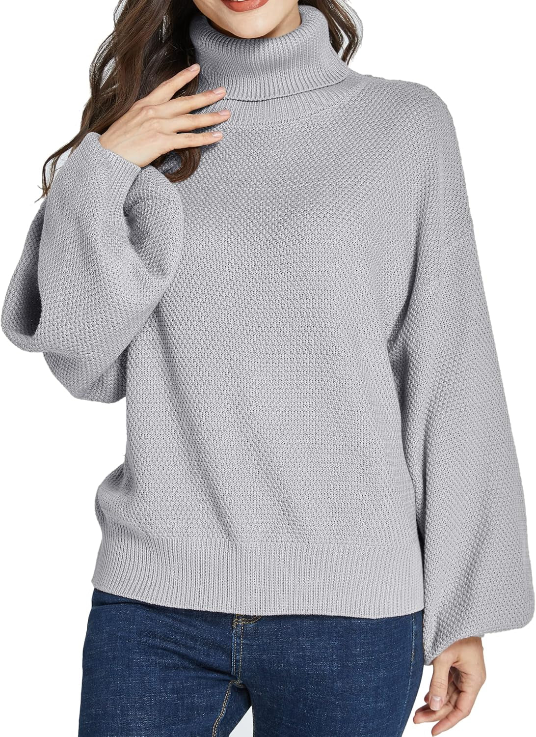 -Oversized-Sweaters-For-Women-Turtleneck Sweaters Drop Shoulder Pullover Knit Long Lantern Sleeve Casual