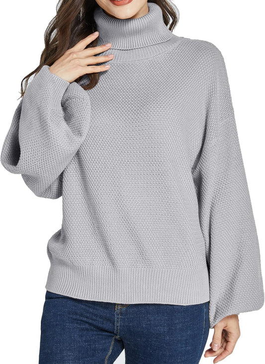 -Oversized-Sweaters-For-Women-Turtleneck Sweaters Drop Shoulder Pullover Knit Long Lantern Sleeve Casual