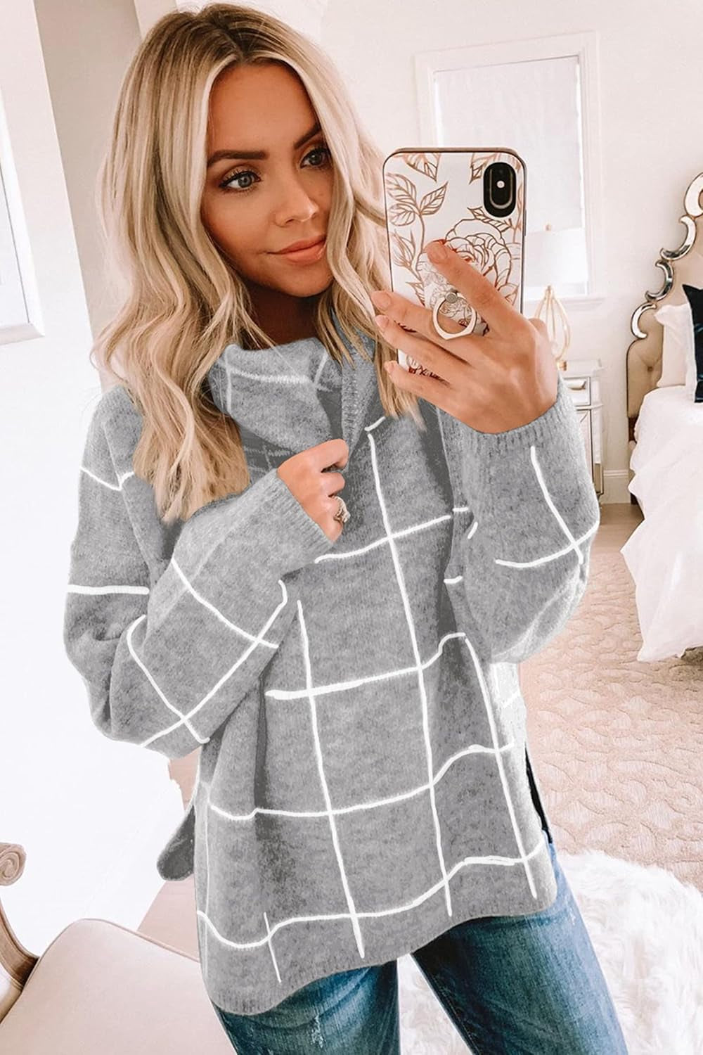 Women Fall Pullover Sweater Turtleneck Plaid Long Sleeve Loose Casual Chunky Checked Knit Winter Sweaters Jumper Tops