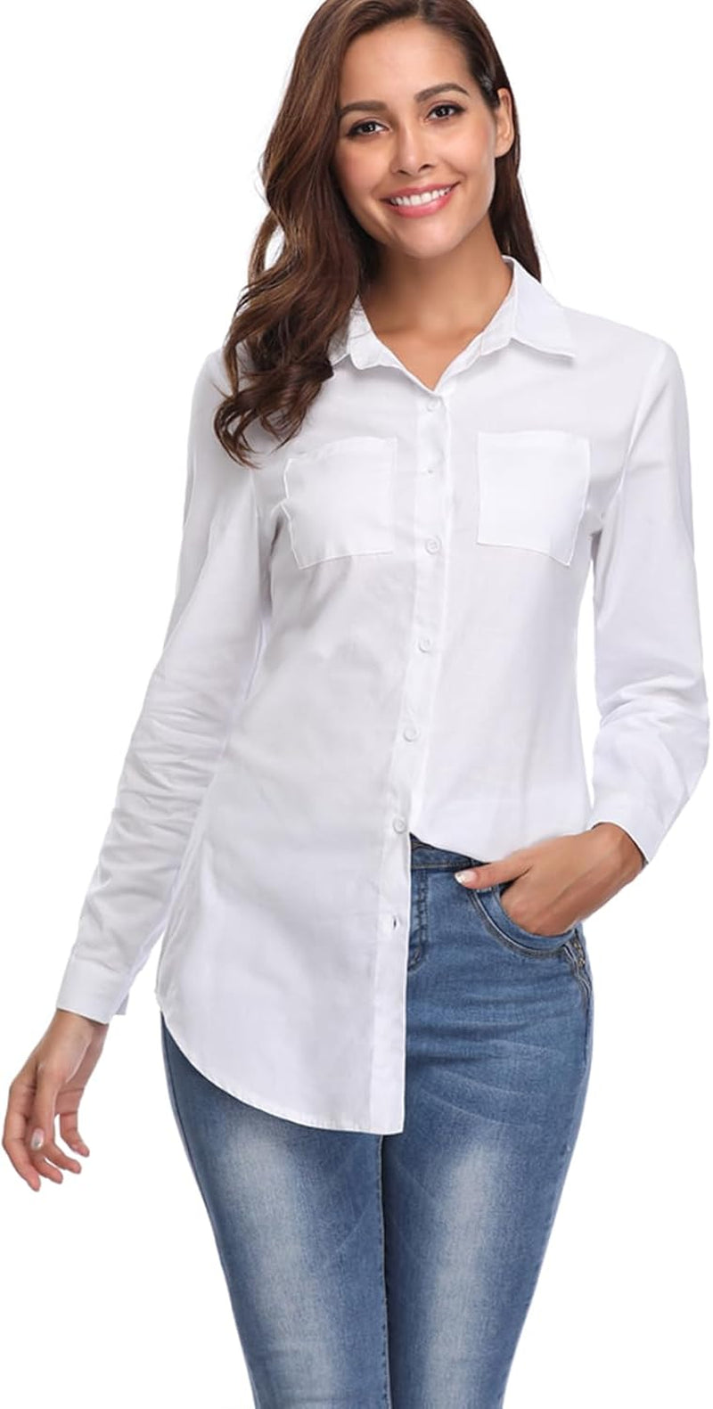 Women'S Chambray Button down Shirt, Long Sleeve Cotton Blouse, Long Jeans Tunic Top