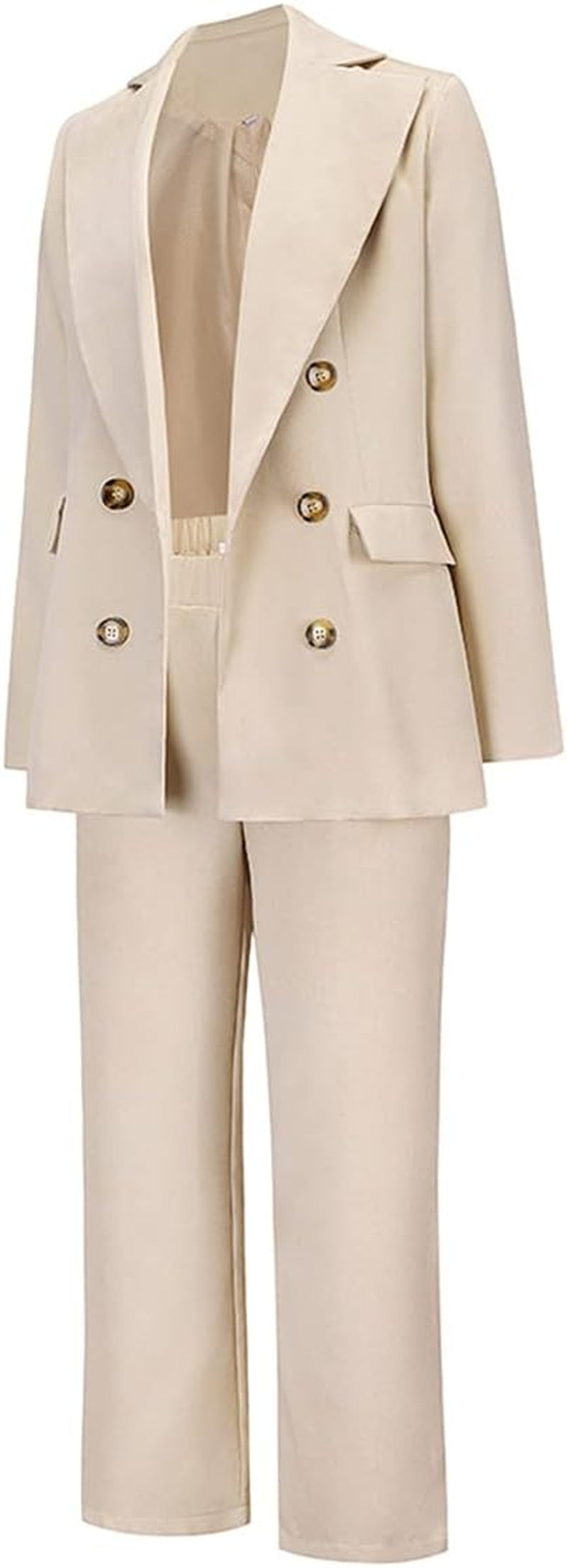 Women'S 2 Piece Suits Set Open Front Long Sleeve Blazer Jackets Outfits and Elastic Waist Solid Pant Set Suit Apricot