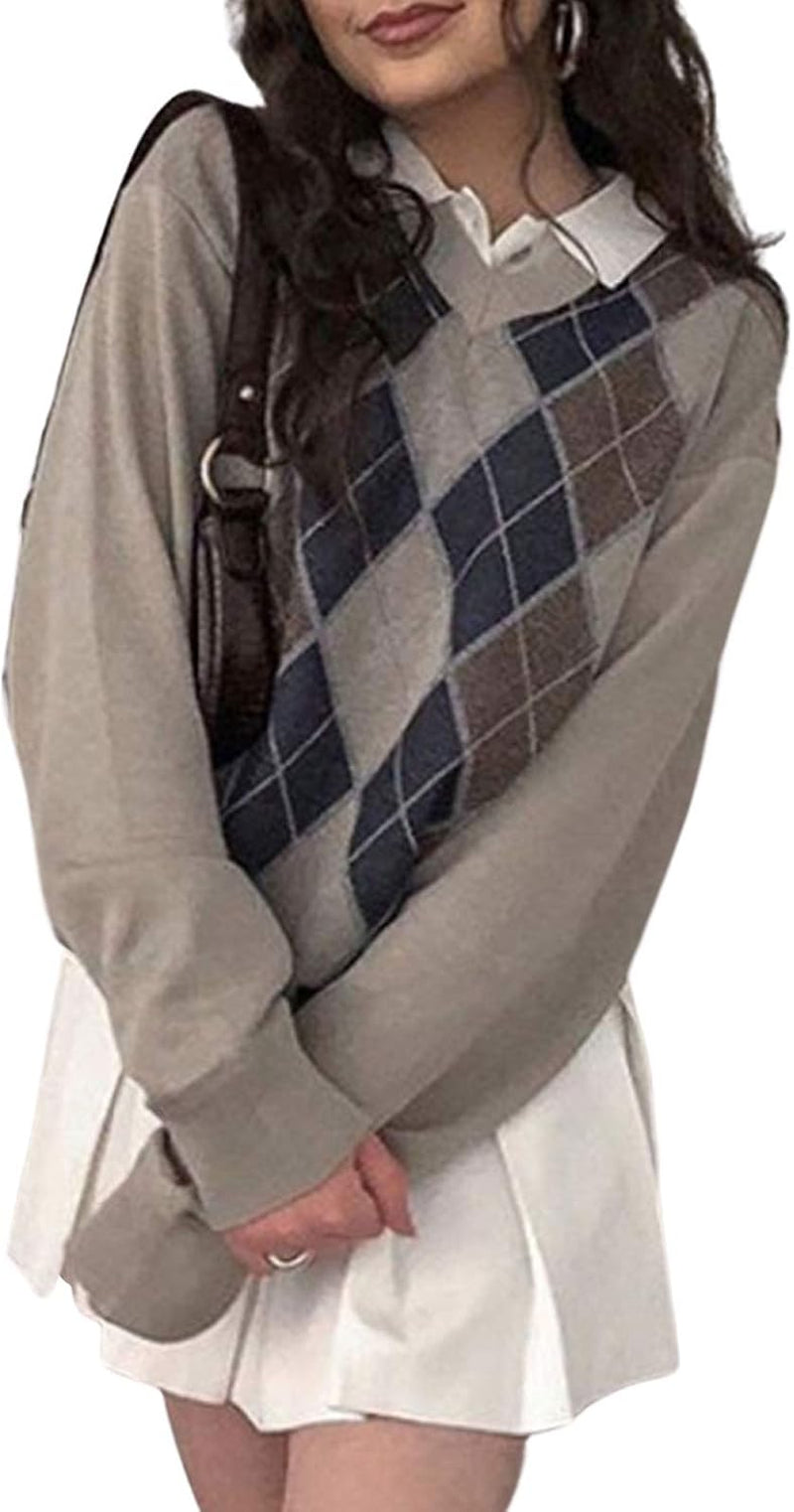 Women'S Knit Sweater Vest Argyle Sweater Vest Retro Plaid Vest Top for Teen Girls Trendy (Long Sleeve-Brown, Large)
