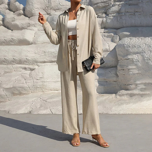 Women Solid Color Lapel Long Sleeve Pants Set - Button-Up Casual Two-Piece Outfit with Drawstring Waist, Spring&Fall Lounge Wear