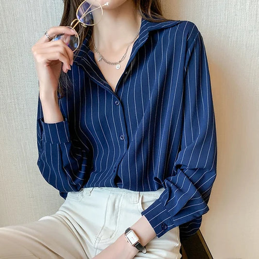 Fashion Woman Blouses 2025 Chiffon Long Sleeve Shirt Tops Woman White Blouse Shirts Striped Top Pretty and Cheap Women'S Blouses