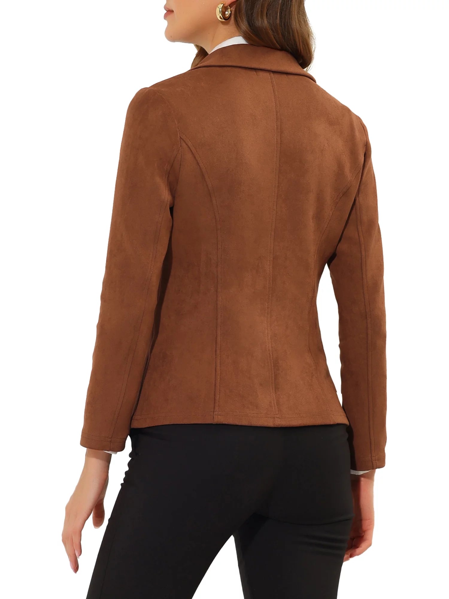 Faux Suede Casual Blazer for Women'S Lapel Collar Long Sleeve Work Office Jacket L Caramel
