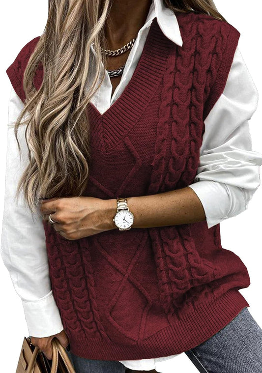 Women V Neck Sweater Vest Solid Sleeveless Pullover Sweaters Casual Cable Knit Sweaters Tops