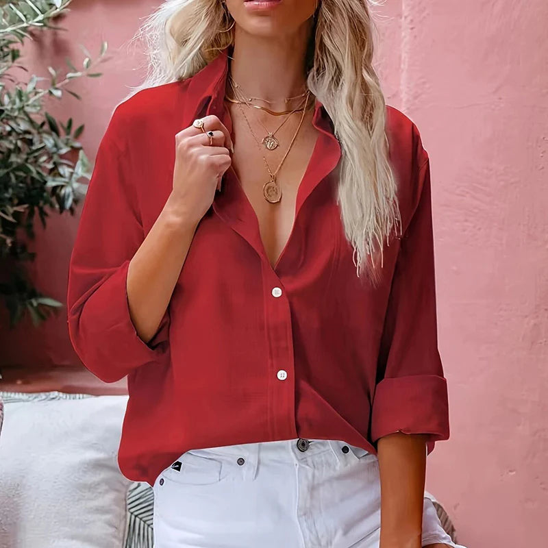 Women Elegant Simple Solid Color Button Front Shirt