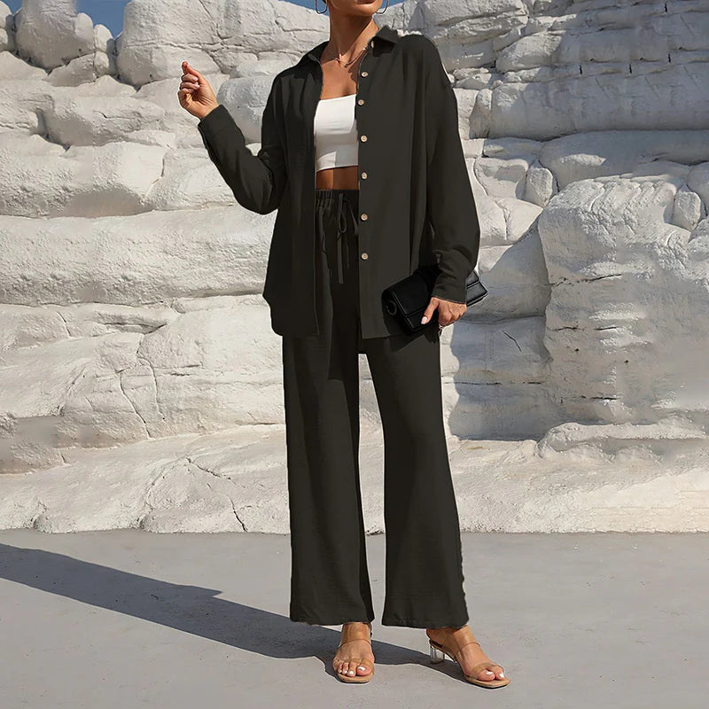 Women Solid Color Lapel Long Sleeve Pants Set - Button-Up Casual Two-Piece Outfit with Drawstring Waist, Spring&Fall Lounge Wear