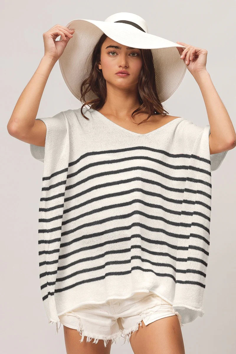 Bibi V Neck Striped Short Sleeve Top
