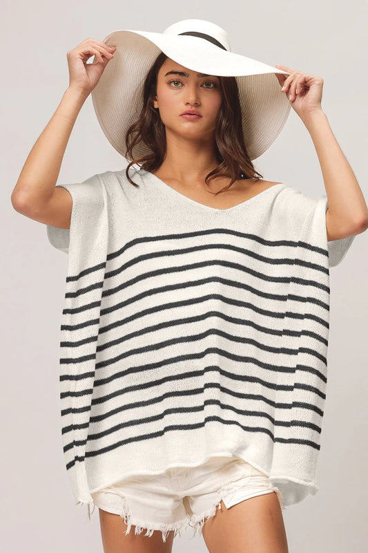 Bibi V Neck Striped Short Sleeve Top