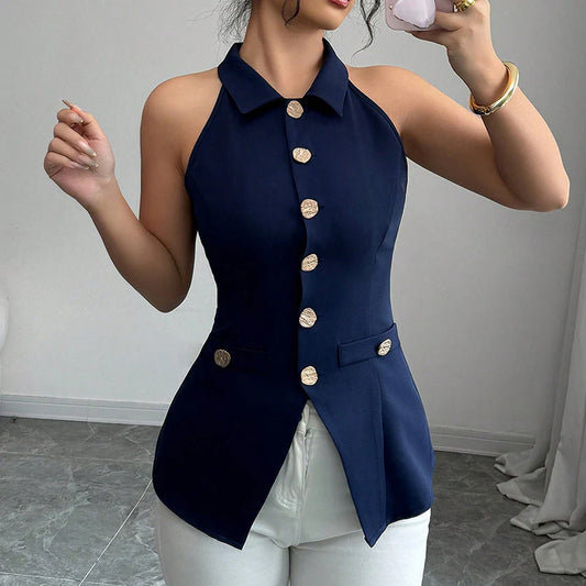 Women Elegant Fit Solid Sleeveless Tank Top - Button Front Lapel Top