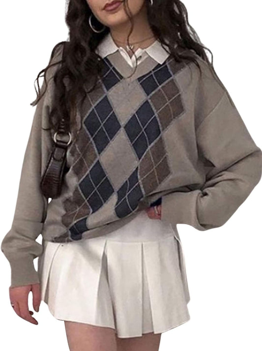 Women'S Knit Sweater Vest Argyle Sweater Vest Retro Plaid Vest Top for Teen Girls Trendy (Long Sleeve-Brown, Large)