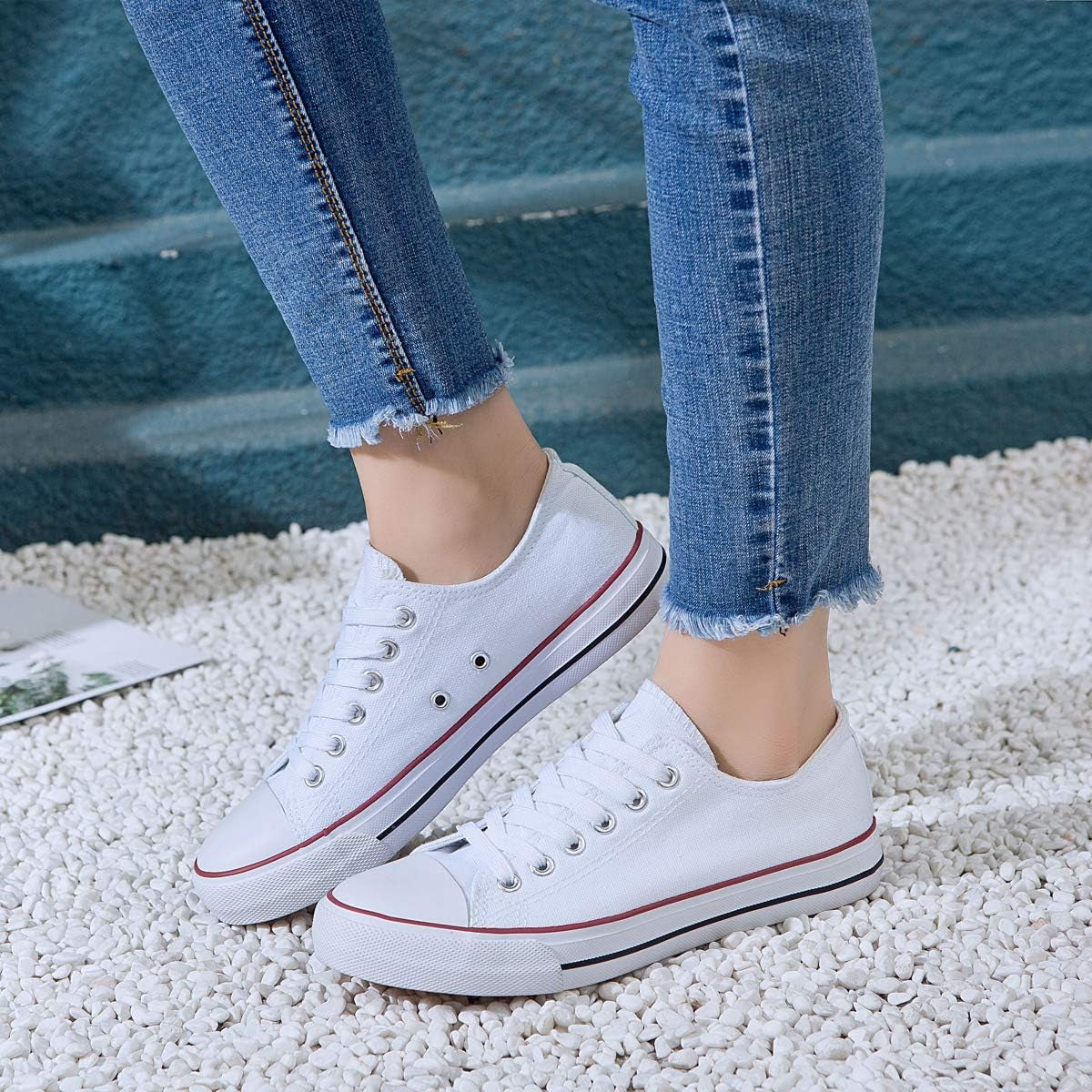 Womens Canvas Shoes Casual Cute Sneakers Low Cut Lace up Fashion Comfortable for Walking（White,Us5