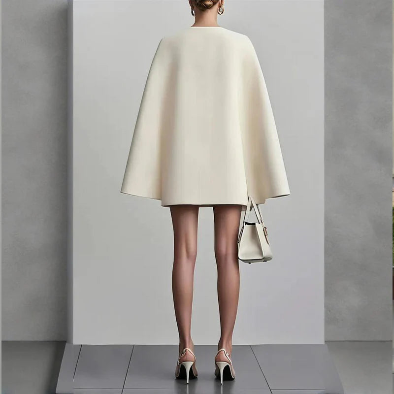 Women Elegant Solid Color V-Neck Double-Breasted Cape Suit Skirt Party Banquet Dress