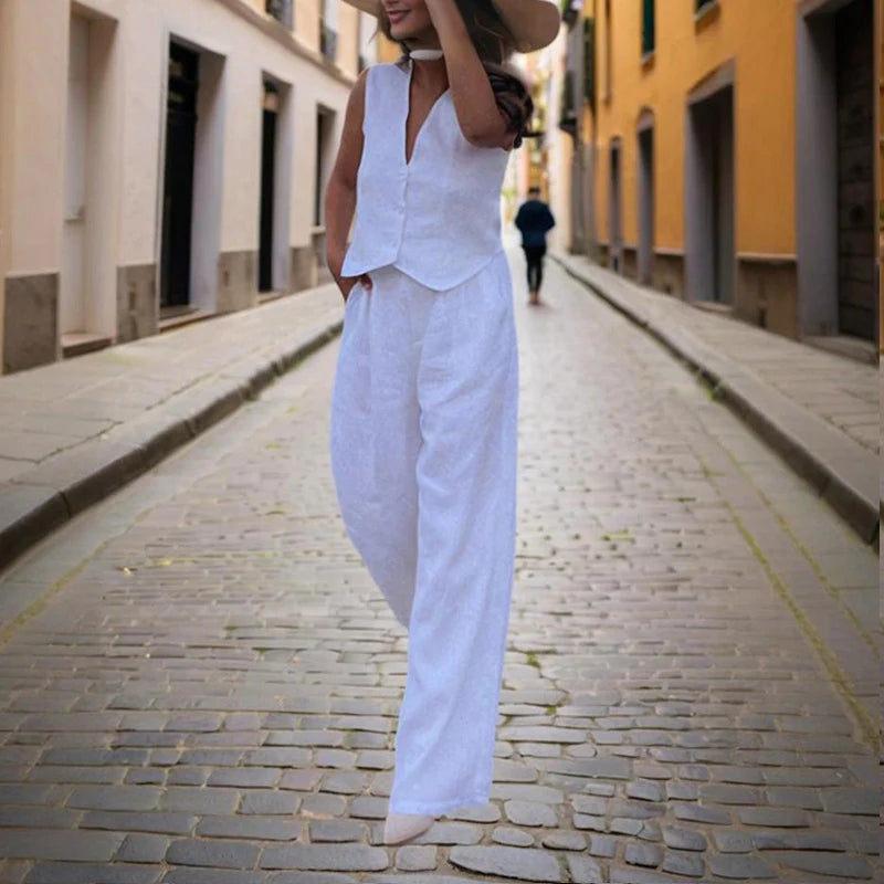 Women Solid Color V-Neck Vest Two-Piece Set Button Front Vest Top with Pocket Pants for Spring & Summer Casual Outfit
