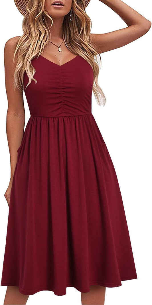 Casual Dresses for Women Sleeveless Cotton Summer Beach Dress a Line Spaghetti Strap Sundresses with Pockets
