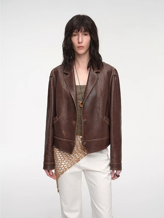 New Zealand Imported Waxed Sheepskin Distressed Short Leather Jacket "Vintage Old Stories"