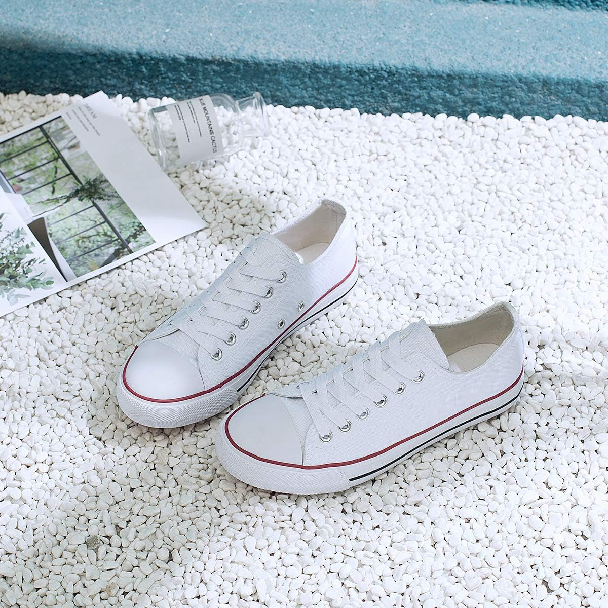 Womens Canvas Shoes Casual Cute Sneakers Low Cut Lace up Fashion Comfortable for Walking（White,Us5