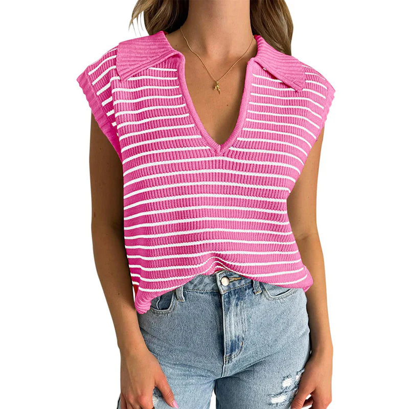 Women V-Neck Cap Sleeveless Neckline Striped Knit Vest