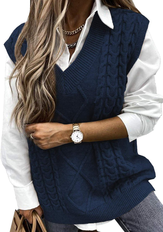 Women V Neck Sweater Vest Solid Sleeveless Pullover Sweaters Casual Cable Knit Sweaters Tops