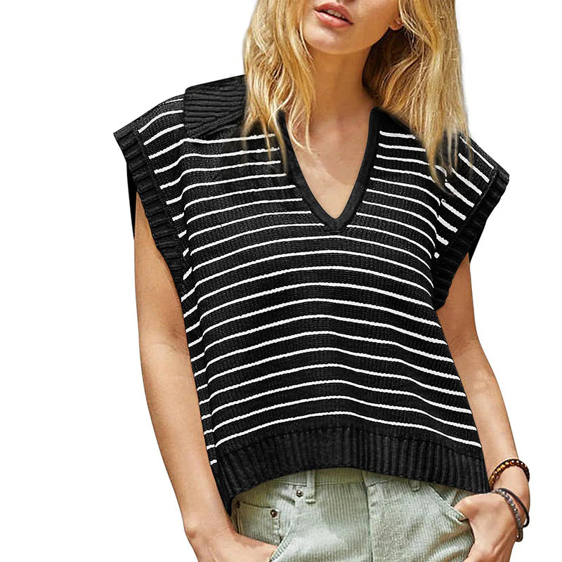 Women V-Neck Cap Sleeveless Neckline Striped Knit Vest