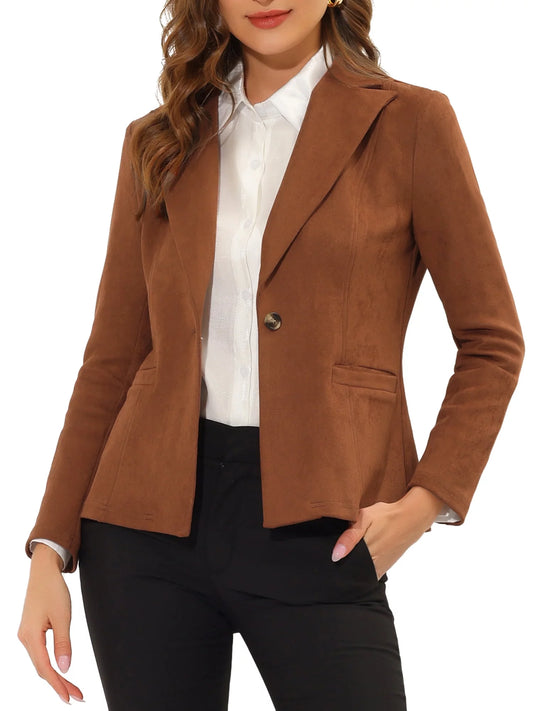 Faux Suede Casual Blazer for Women'S Lapel Collar Long Sleeve Work Office Jacket L Caramel