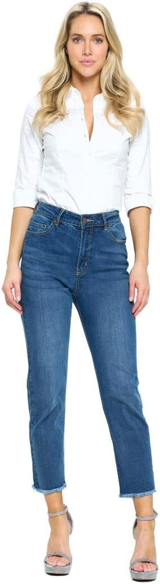 Women'S High Rise Slim Straight Stretch Jeans Frayed Hem Denim (JP1144H,DK,9)