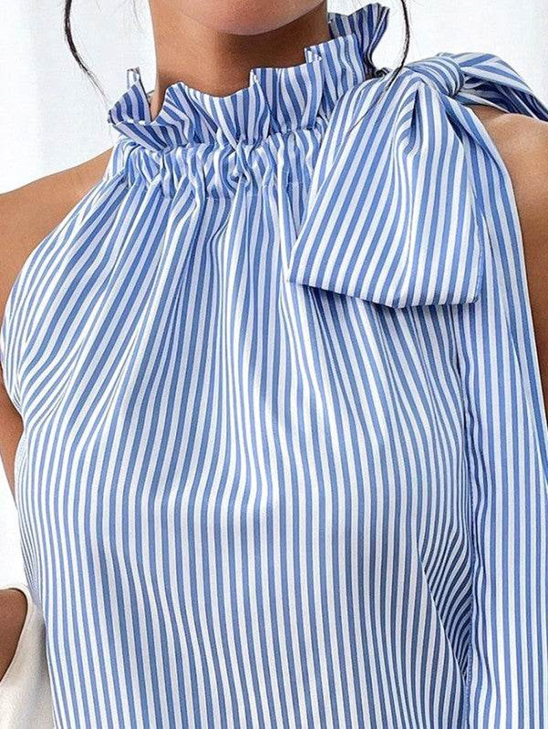 Blue Striped Frill Neck Tie Knot Sleeveless Top
