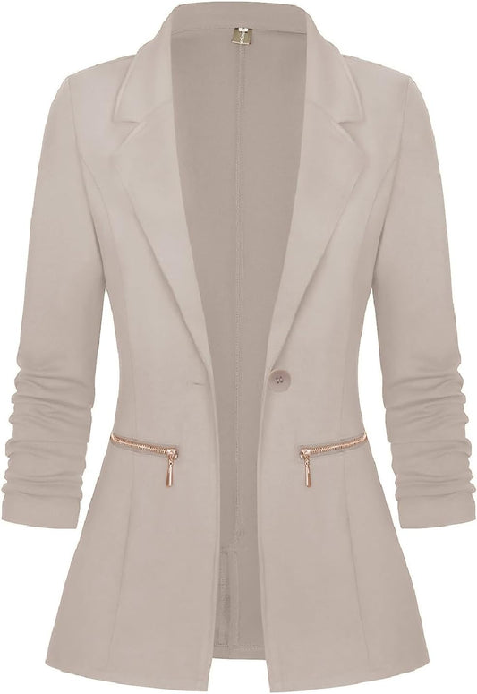 Women'S Long Sleeve Blazer Open Front Cardigan Jacket Work Office Blazer with Zipper Pockets S-3XL