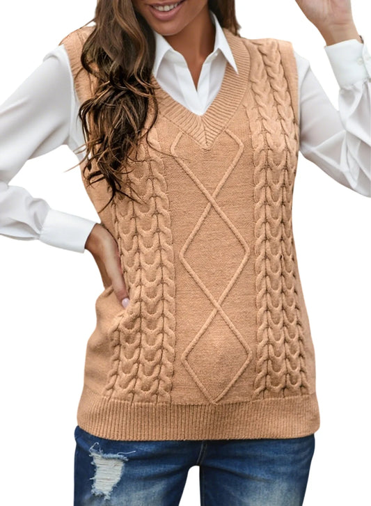 Women'S Khaki Cable Knit Sweater Vest Sleeveless Pullover Top US 12-14(L)