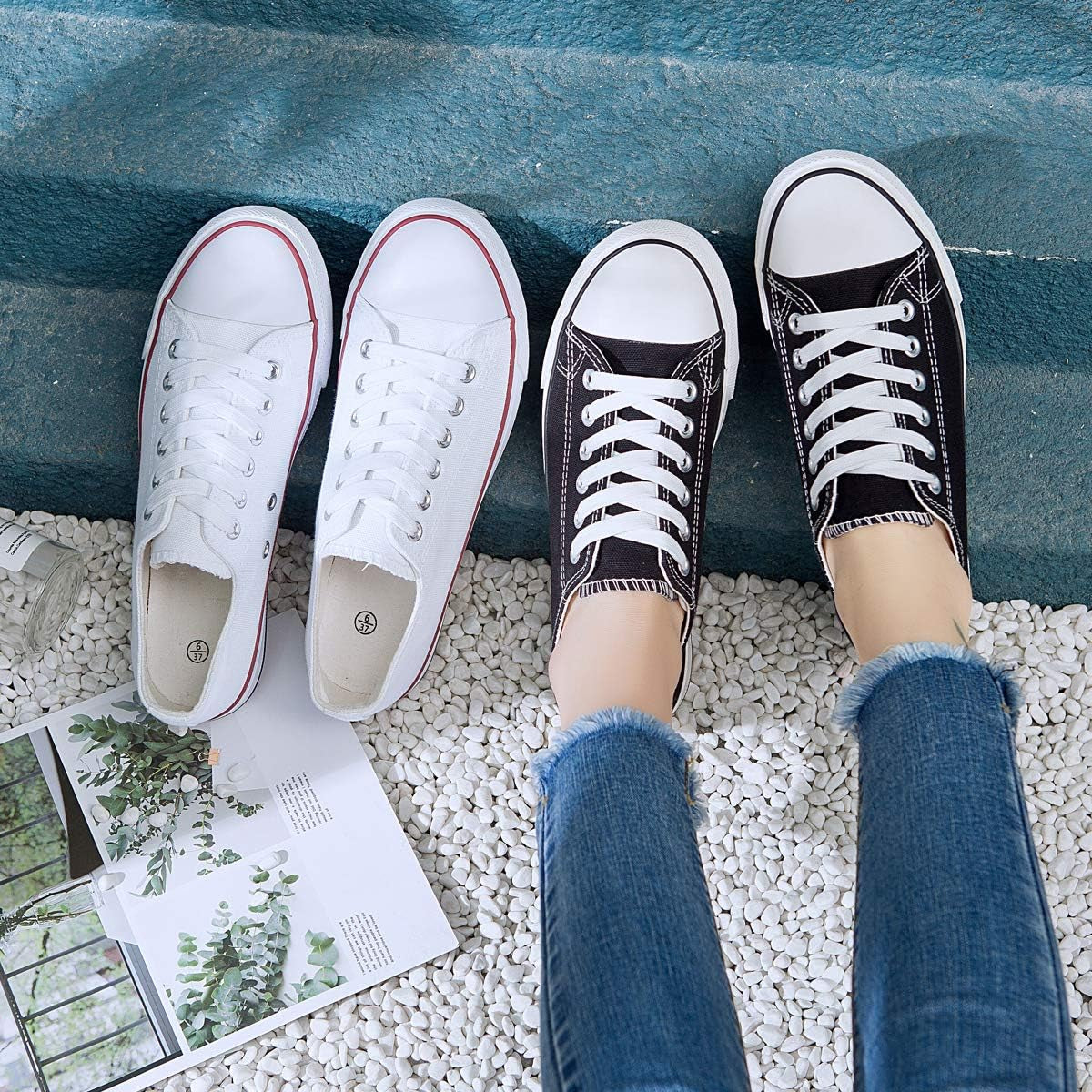 Womens Canvas Shoes Casual Cute Sneakers Low Cut Lace up Fashion Comfortable for Walking（White,Us5