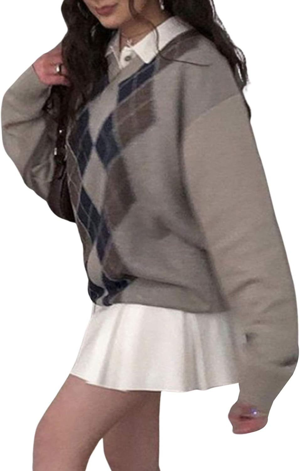Women'S Knit Sweater Vest Argyle Sweater Vest Retro Plaid Vest Top for Teen Girls Trendy (Long Sleeve-Brown, Large)
