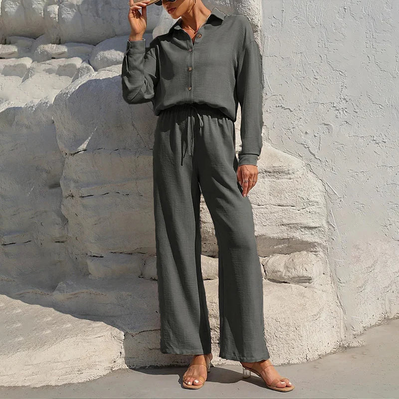 Women Solid Color Lapel Long Sleeve Pants Set - Button-Up Casual Two-Piece Outfit with Drawstring Waist, Spring&Fall Lounge Wear