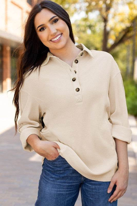 Arianna Waffle Half Button Top