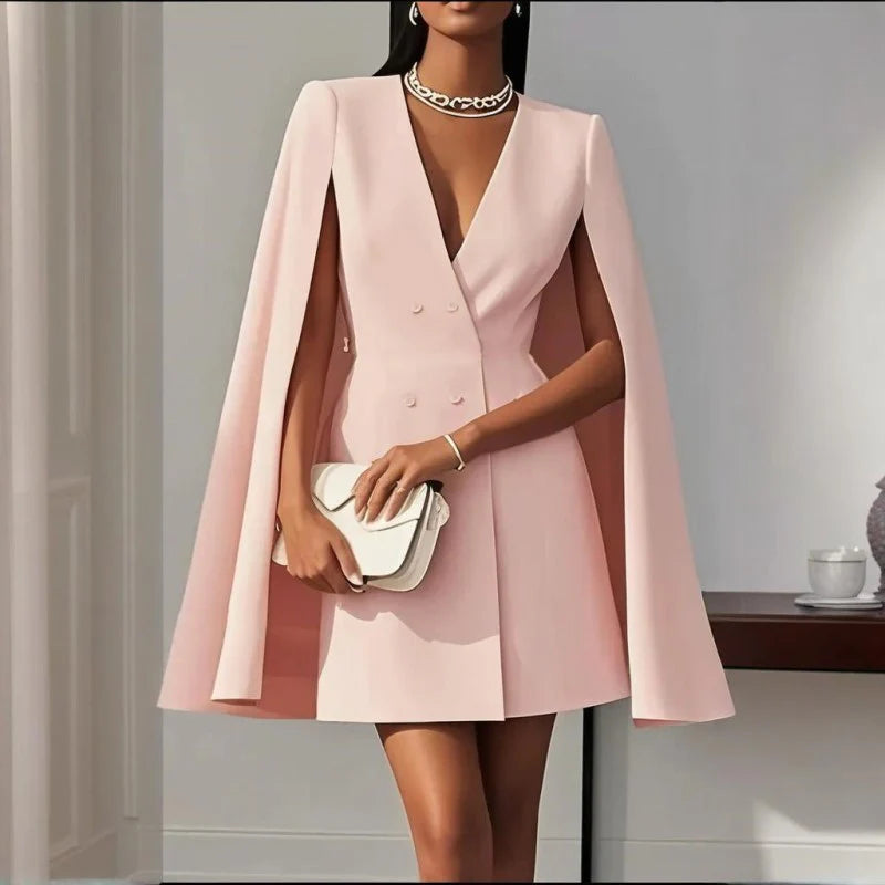 Women Elegant Solid Color V-Neck Double-Breasted Cape Suit Skirt Party Banquet Dress