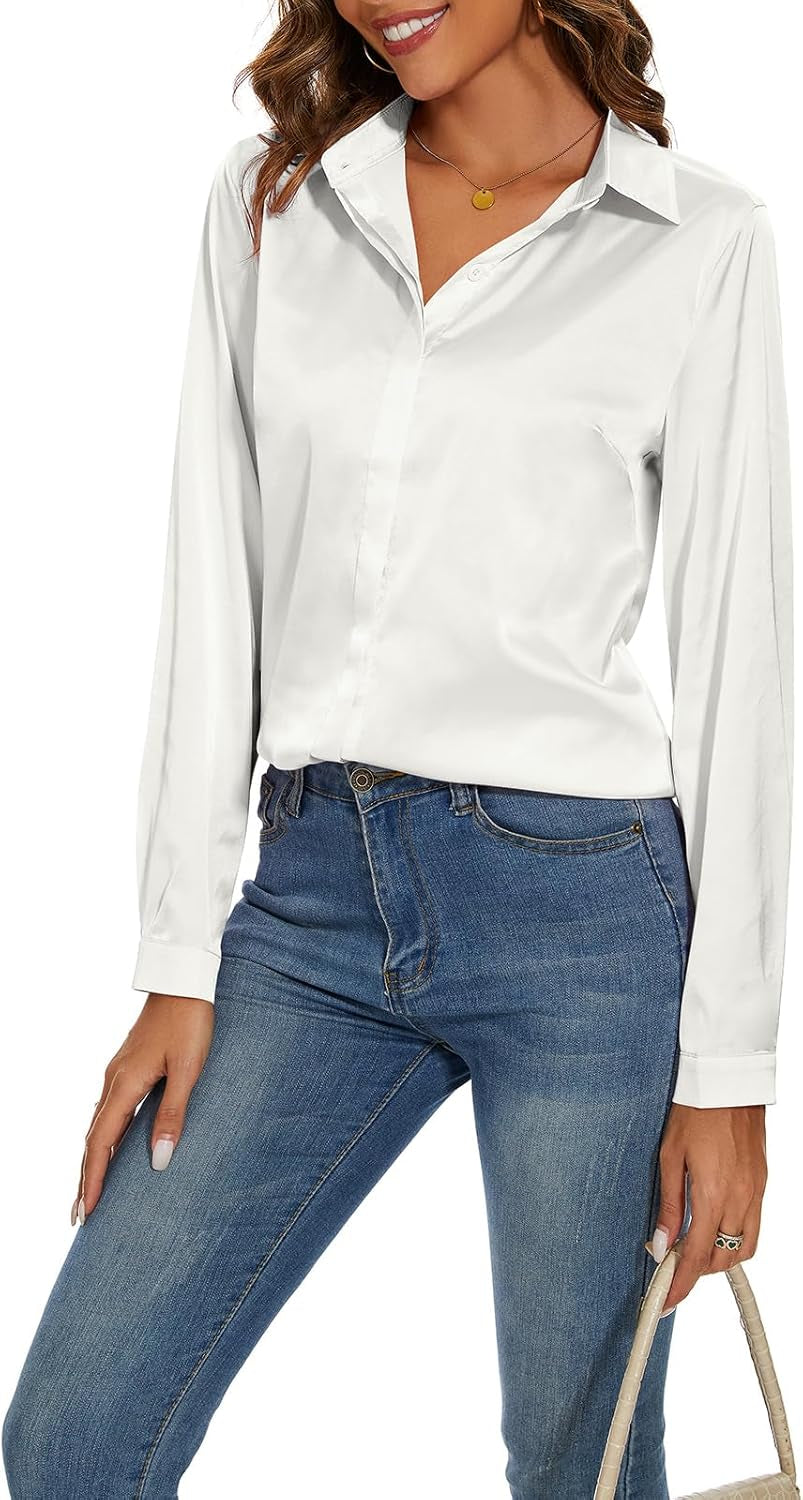 Women'S Silk Blouse Long Sleeve Lady Shirt Casual Office Work Blouse Shirt Tops