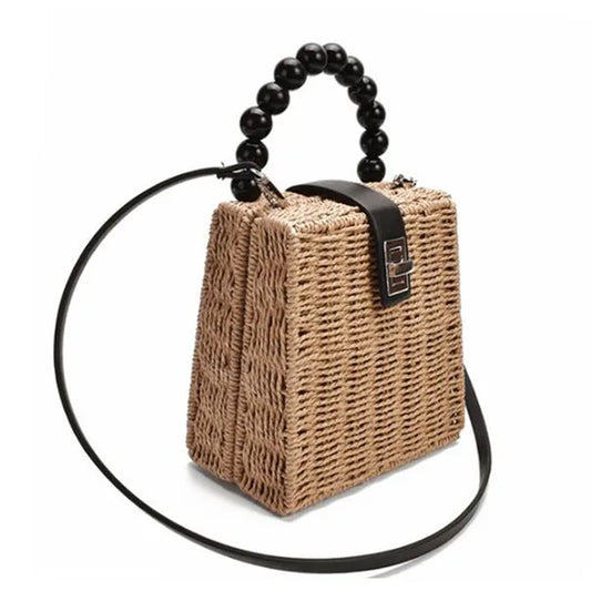 Female Straw Bag Women Crossbody Bag Bead Handle Handbag Fashion Female Box Shoulder Bag Summer Travel Beach Bag