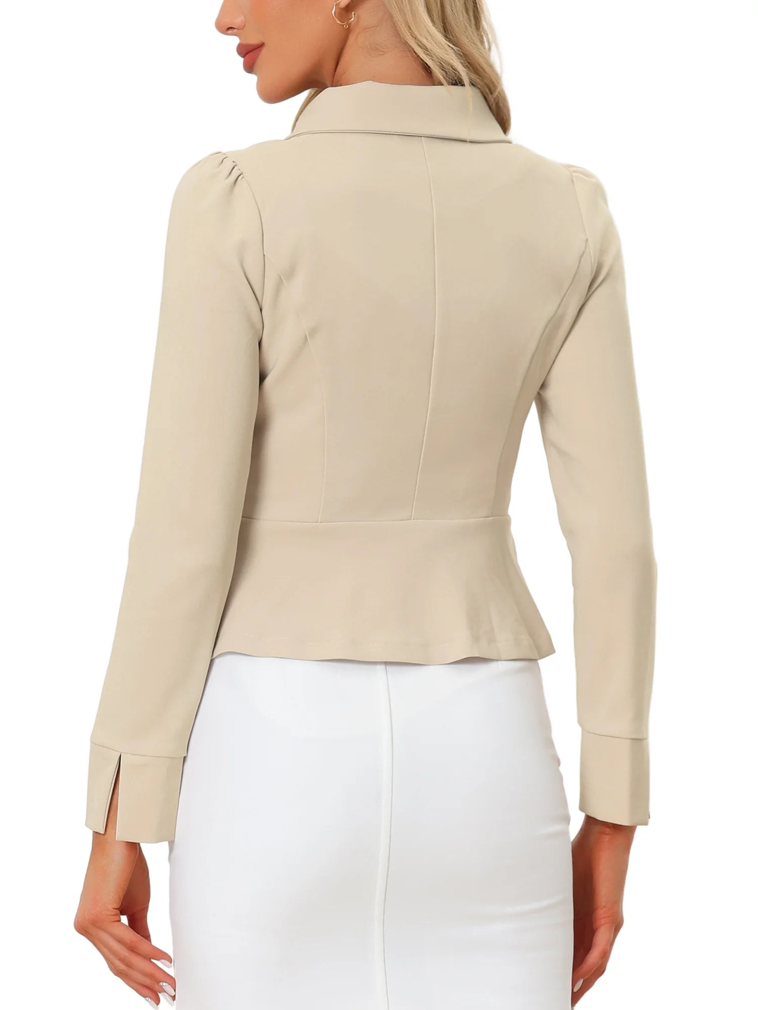 Women'S Elegant Peter Pan Collar Long Sleeves Ruffled Hem Single Breasted Office Blazers XS Beige
