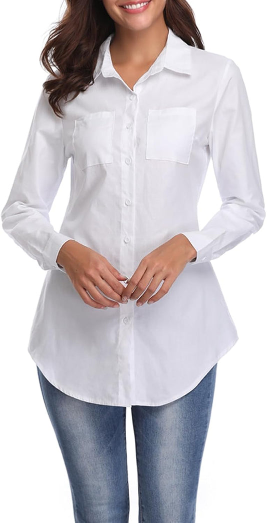 Women'S Chambray Button down Shirt, Long Sleeve Cotton Blouse, Long Jeans Tunic Top