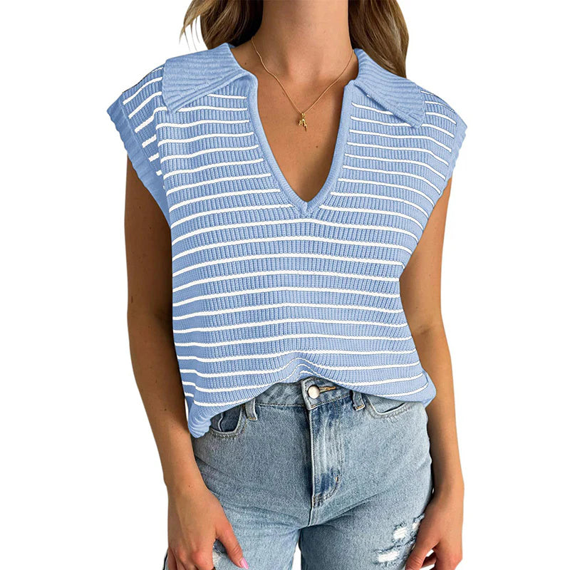 Women V-Neck Cap Sleeveless Neckline Striped Knit Vest