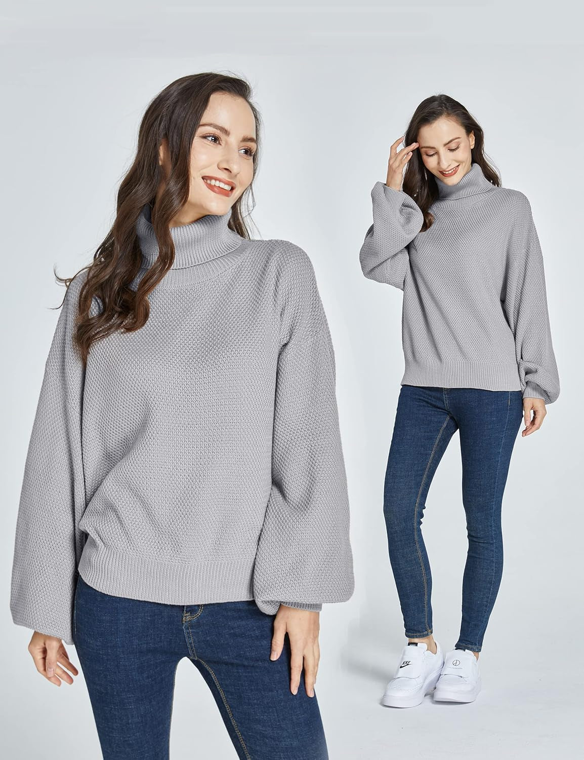 -Oversized-Sweaters-For-Women-Turtleneck Sweaters Drop Shoulder Pullover Knit Long Lantern Sleeve Casual