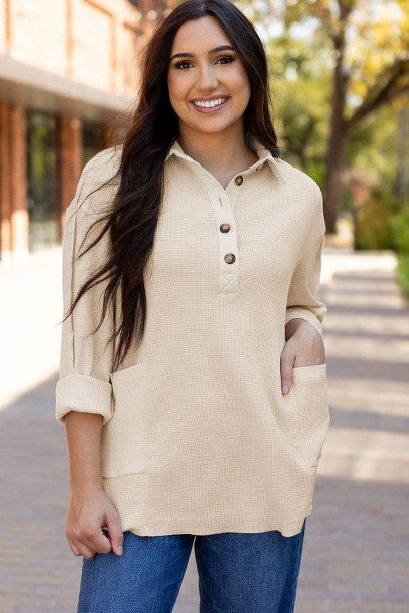 Arianna Waffle Half Button Top