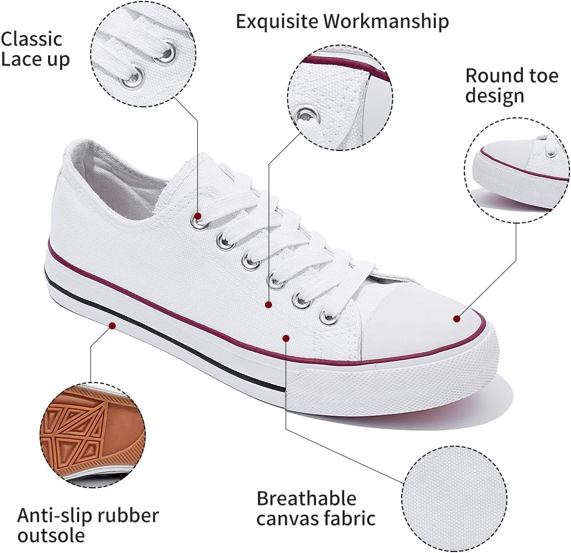Womens Canvas Shoes Casual Cute Sneakers Low Cut Lace up Fashion Comfortable for Walking（White,Us5
