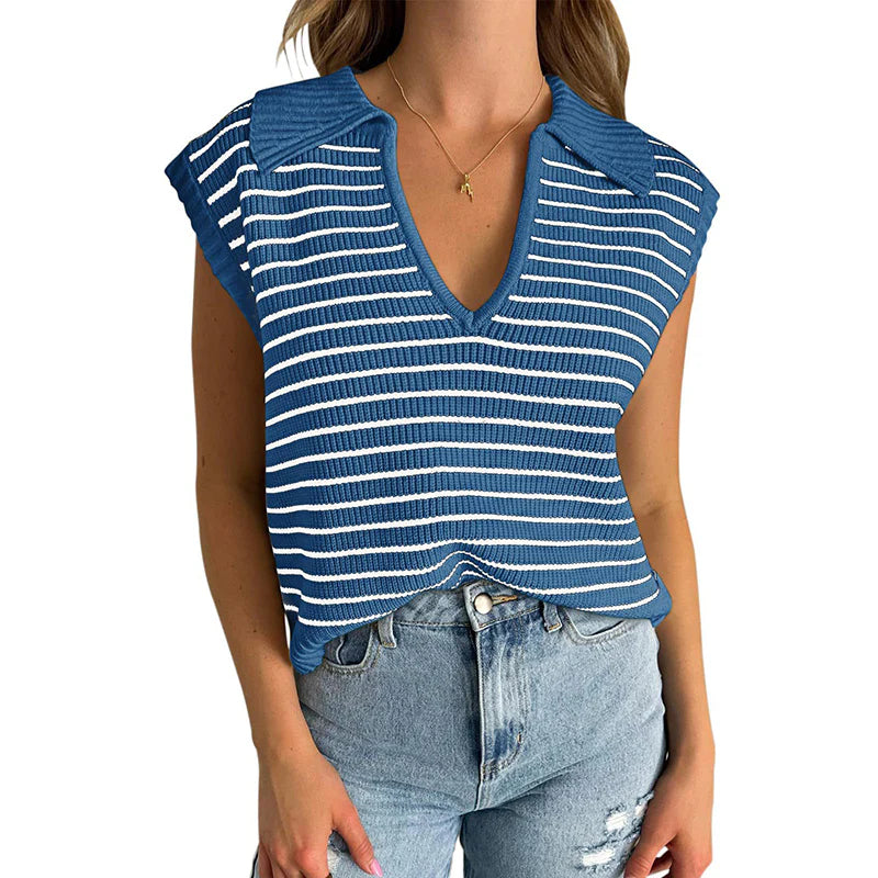 Women V-Neck Cap Sleeveless Neckline Striped Knit Vest