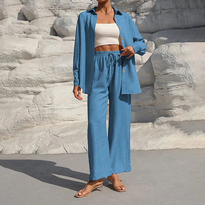 Women Solid Color Lapel Long Sleeve Pants Set - Button-Up Casual Two-Piece Outfit with Drawstring Waist, Spring&Fall Lounge Wear