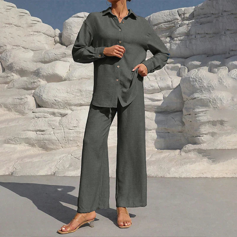 Women Solid Color Lapel Long Sleeve Pants Set - Button-Up Casual Two-Piece Outfit with Drawstring Waist, Spring&Fall Lounge Wear