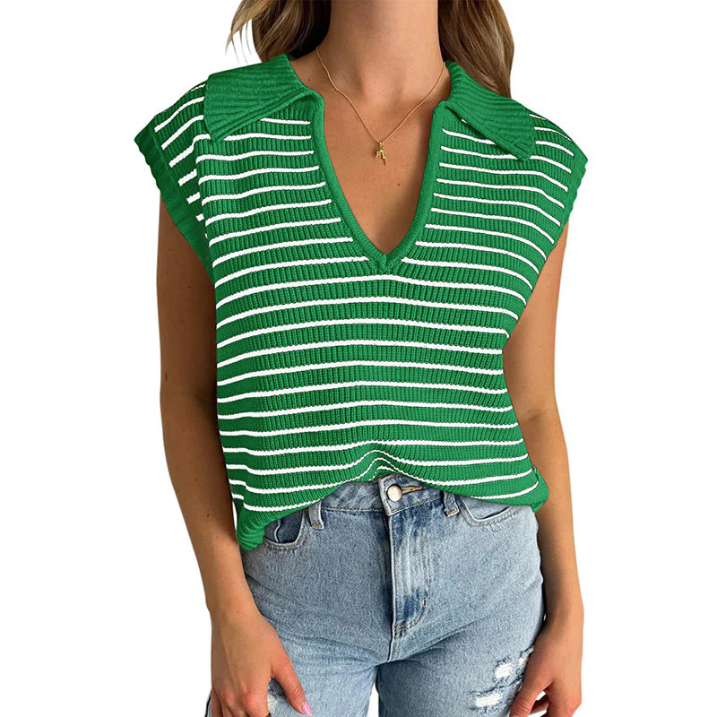 Women V-Neck Cap Sleeveless Neckline Striped Knit Vest
