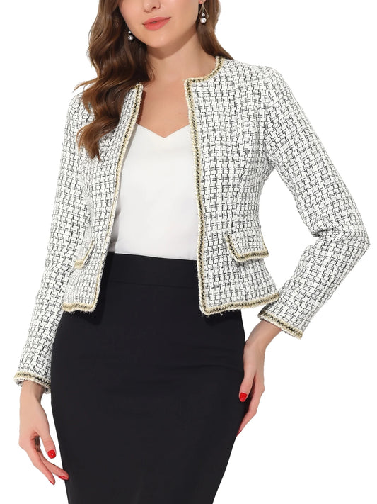 Women'S Plaid Tweed Open Front Office Short Blazer